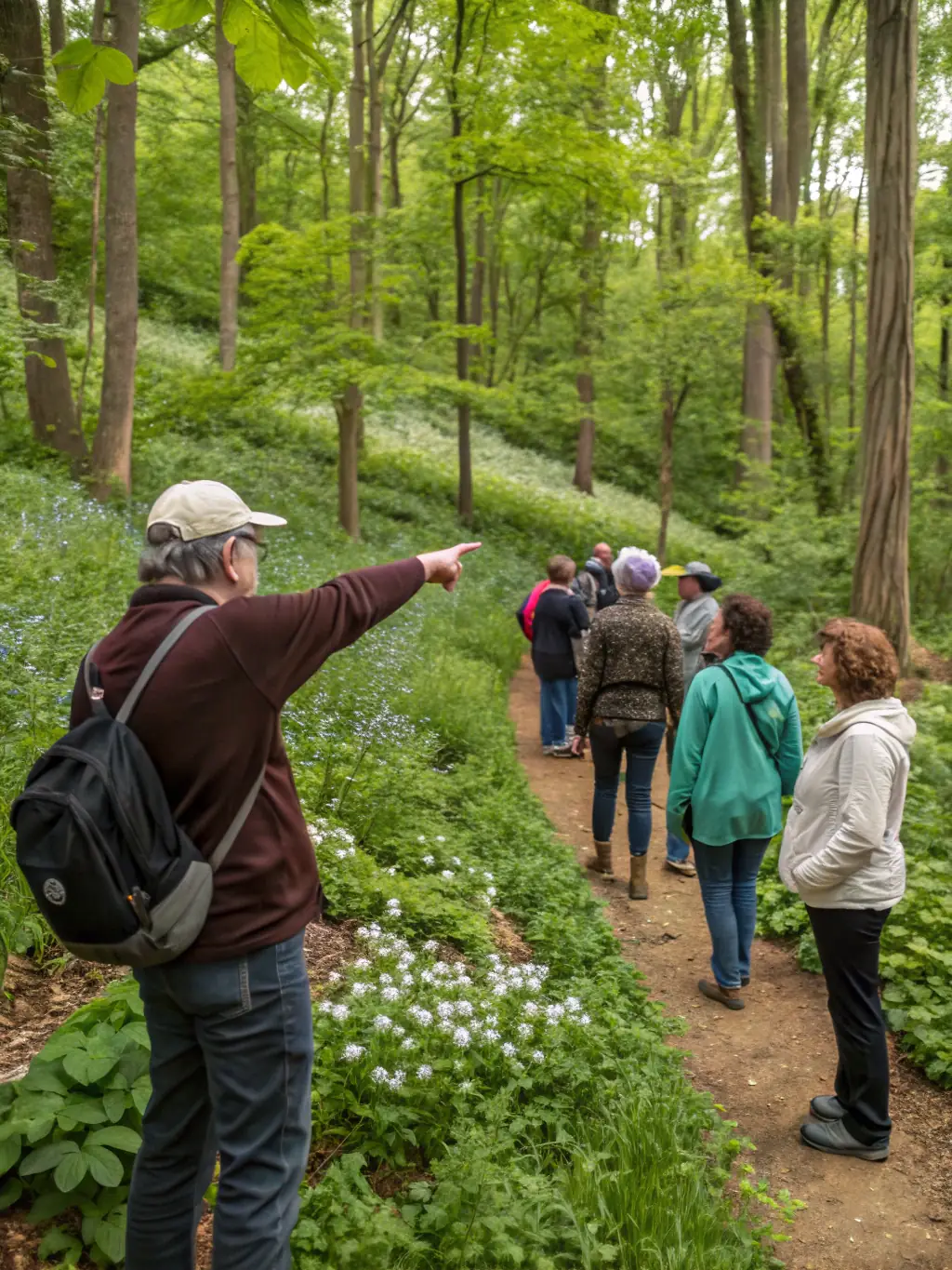 A close-up shot of a hiking guide pointing out local flora to a group of hikers, emphasizing the educational aspect of the guided tours.
