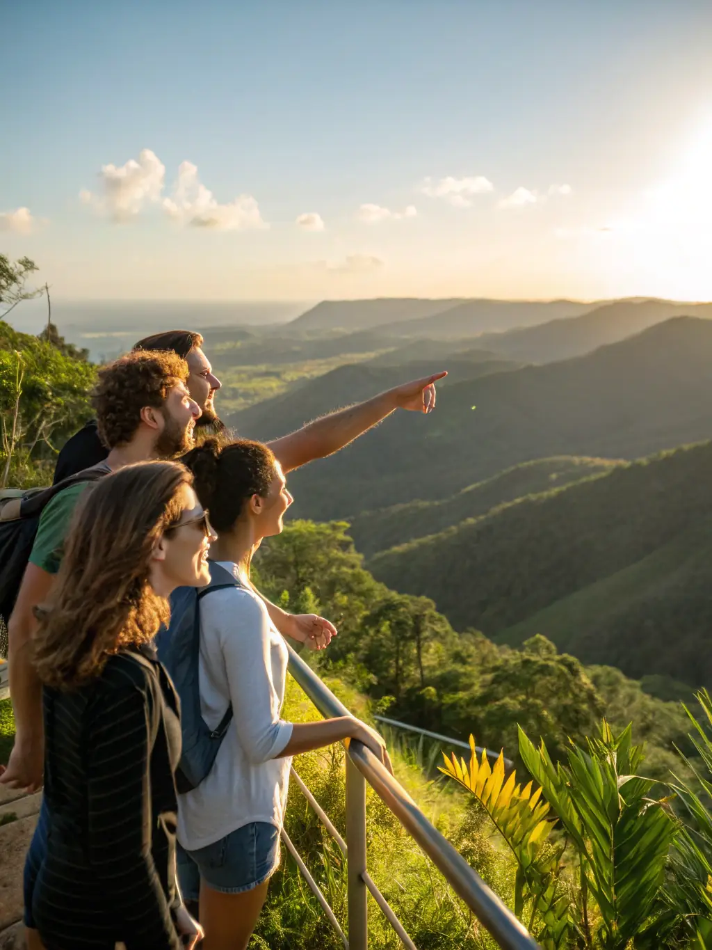 A panoramic view of hikers reaching the summit of a hill in Corrèze, showcasing rolling hills and a clear blue sky in the background.