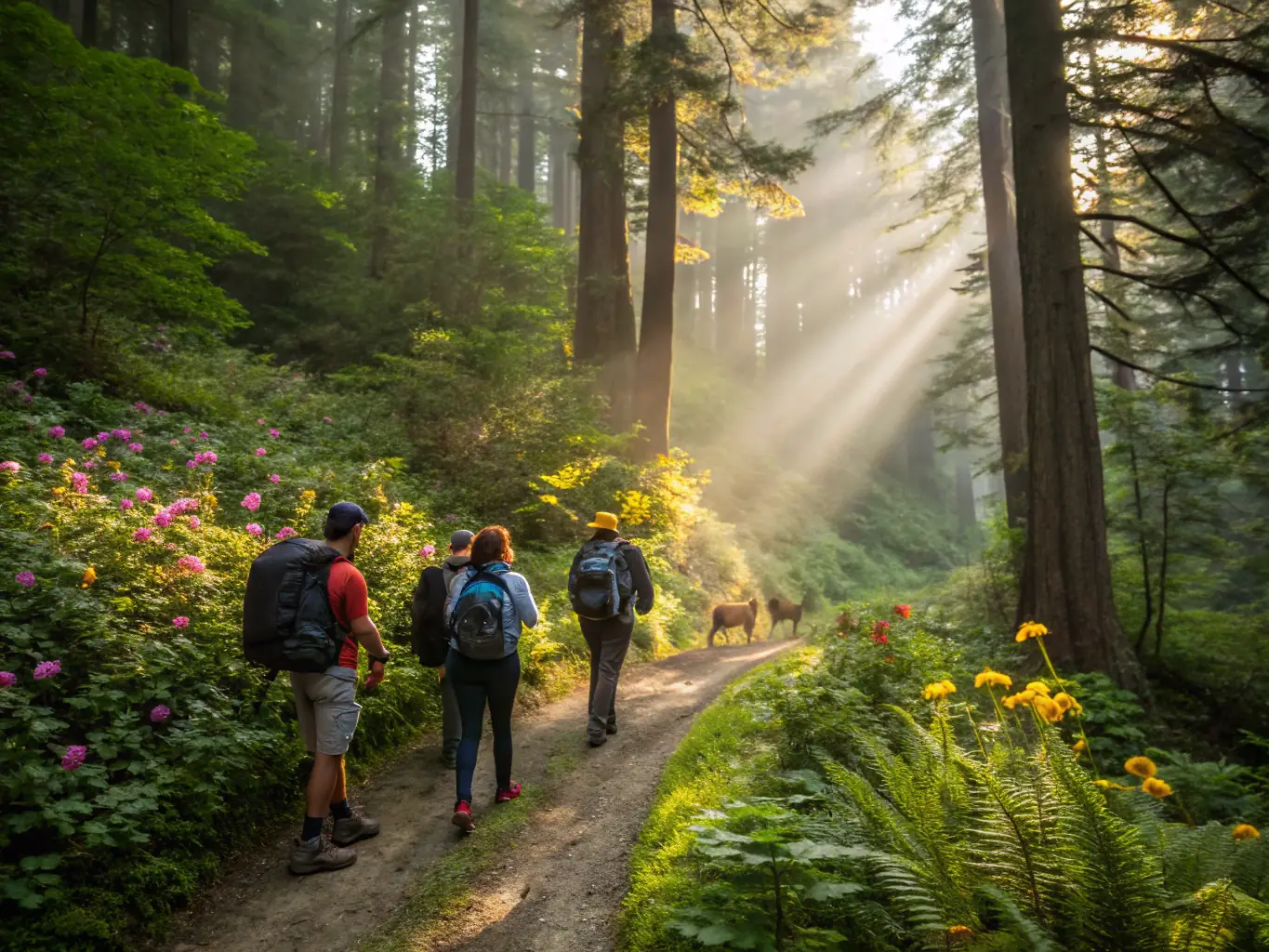 A photograph capturing a group of hikers navigating a moderately challenging trail in the Corrèze region, featuring rocky terrain and dense forests. The hikers are using hiking poles and wearing appropriate gear.