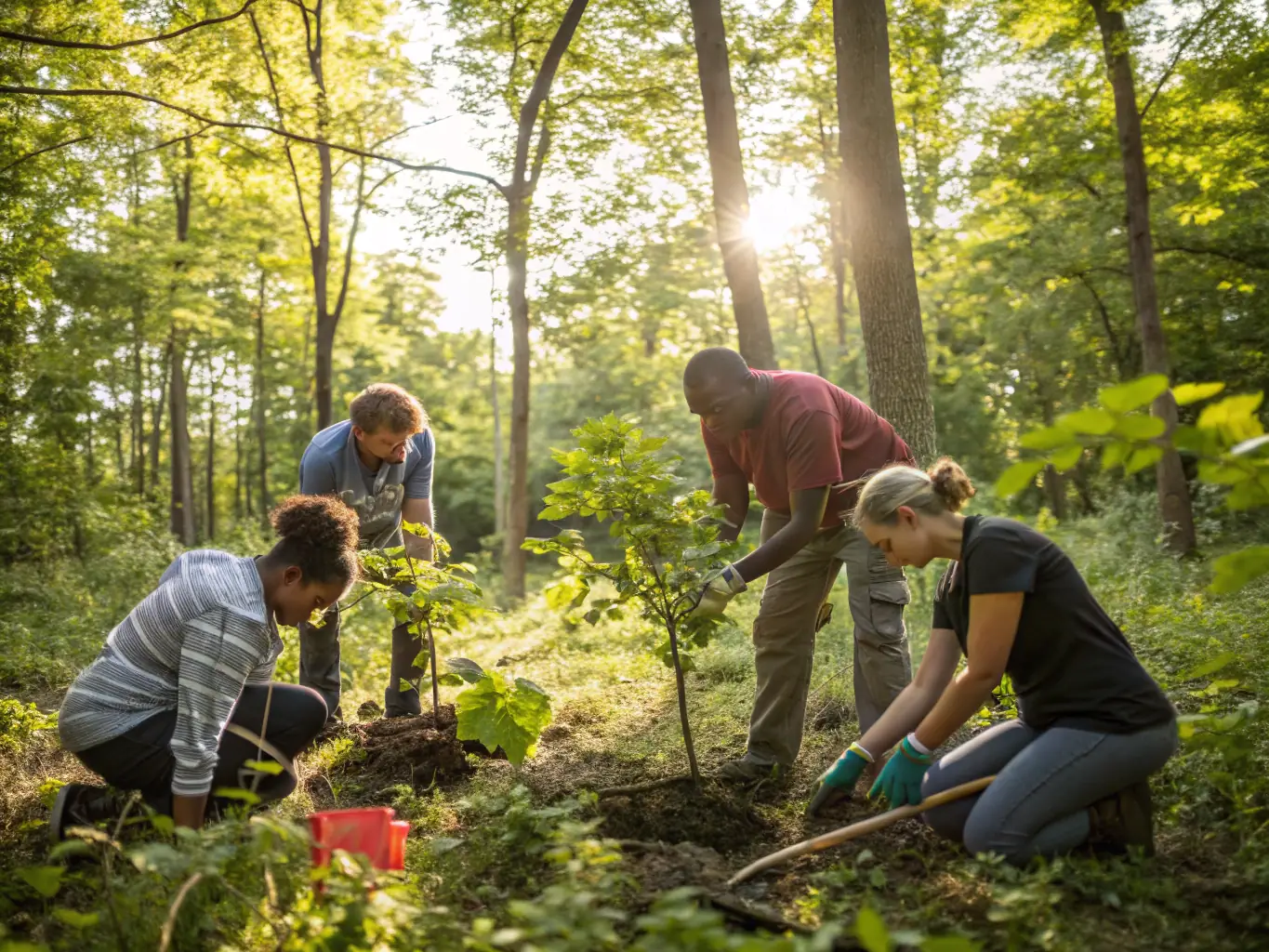 A diverse group of community members participating in a tree-planting event organized by GRNPSAL, showcasing community engagement and ecosystem restoration efforts.
