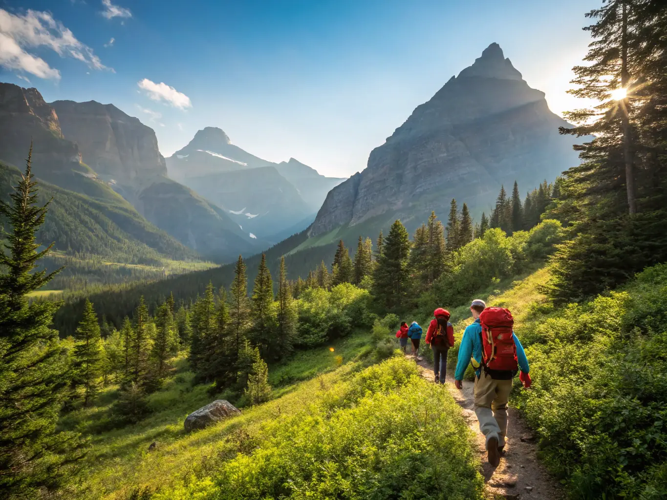 A group of hikers traversing a scenic trail in the Haute-Vienne region, with lush greenery and rolling hills in the background. The hikers are of varying ages and fitness levels, showcasing the inclusivity of COUSSAC RANDOS' programs.