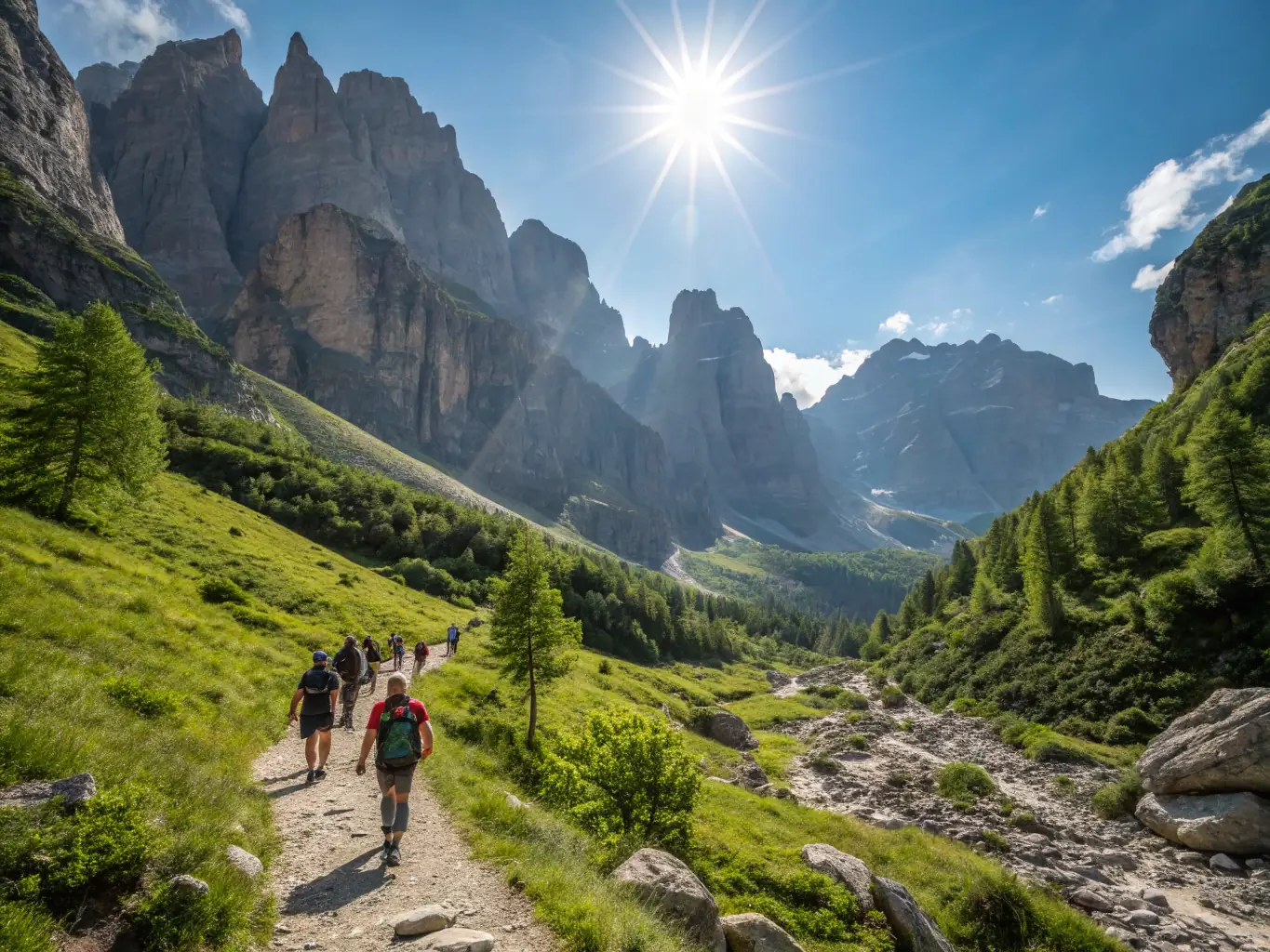 An image of experienced hikers ascending a steep, rocky path in the Dordogne region, showcasing the challenging terrain and breathtaking views. The hikers are equipped with backpacks and hiking boots.