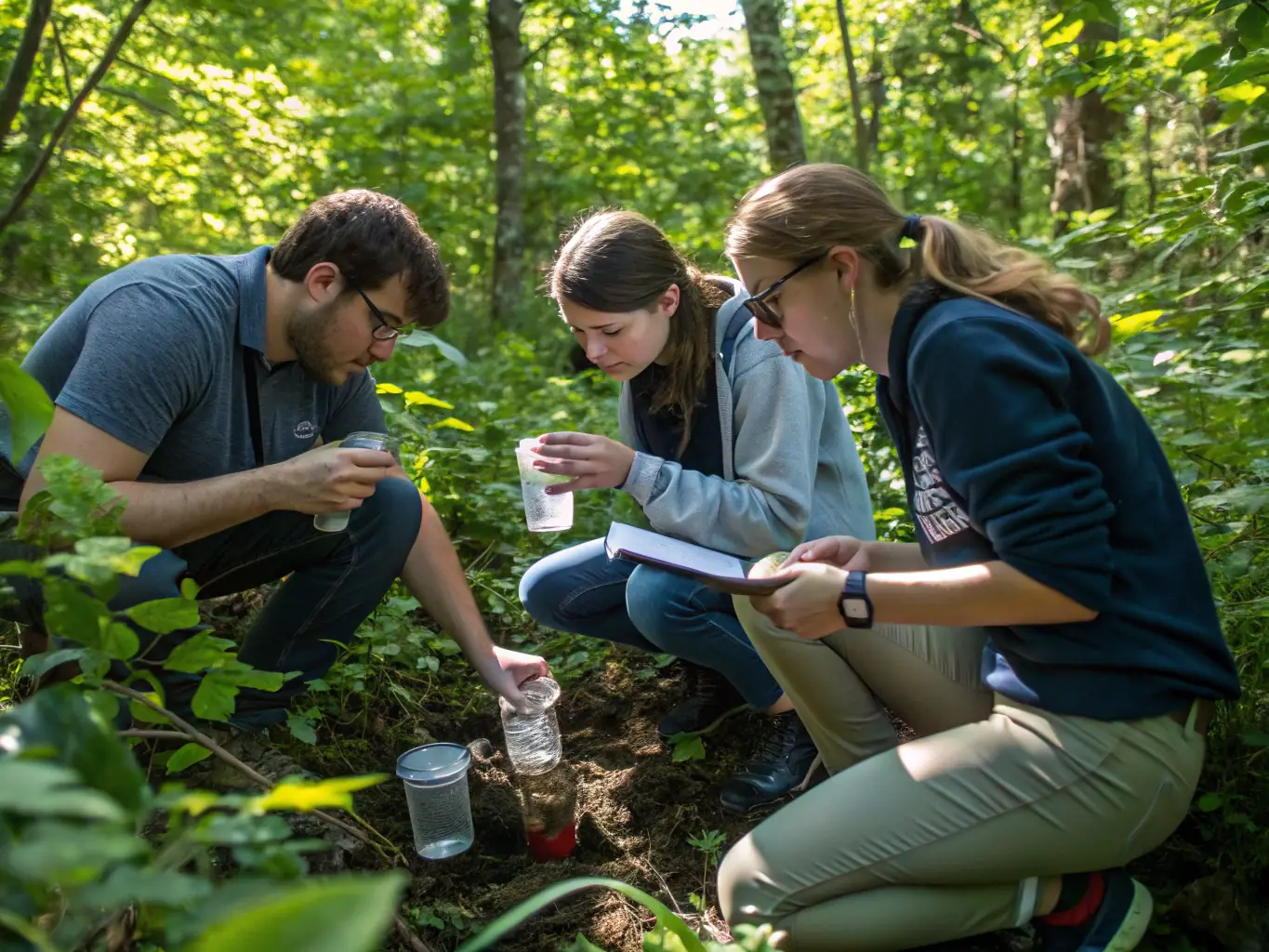 A team of scientists conducting field surveys in a lush natural reserve, using equipment to record data on various species. The image represents GRNPSAL's biodiversity monitoring program.