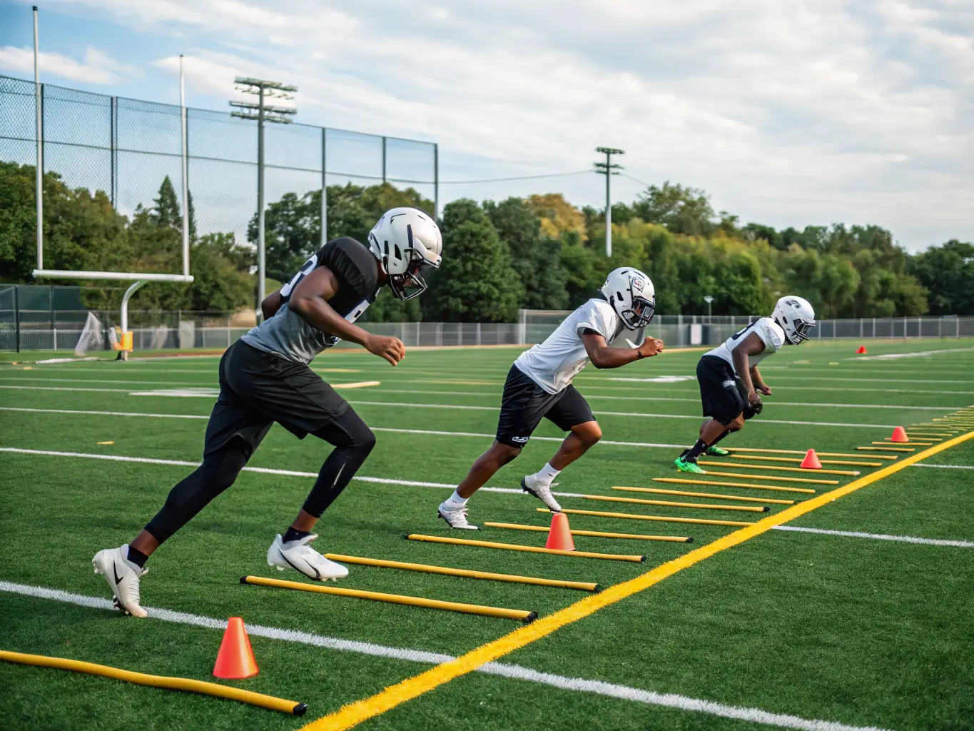 An image depicting teenage players engaged in advanced football drills, showcasing their agility, speed, and precision. The setting is a professional-grade football field with modern training equipment.