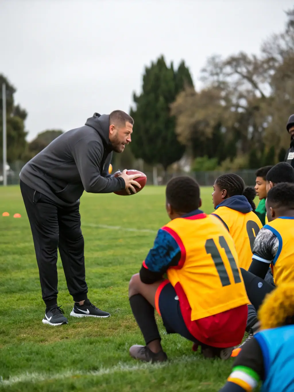 A group of players participating in a specialized football clinic, focusing on advanced techniques and tactical strategies at FOOTBALL CLUB DES BORDS DE L'AIN.