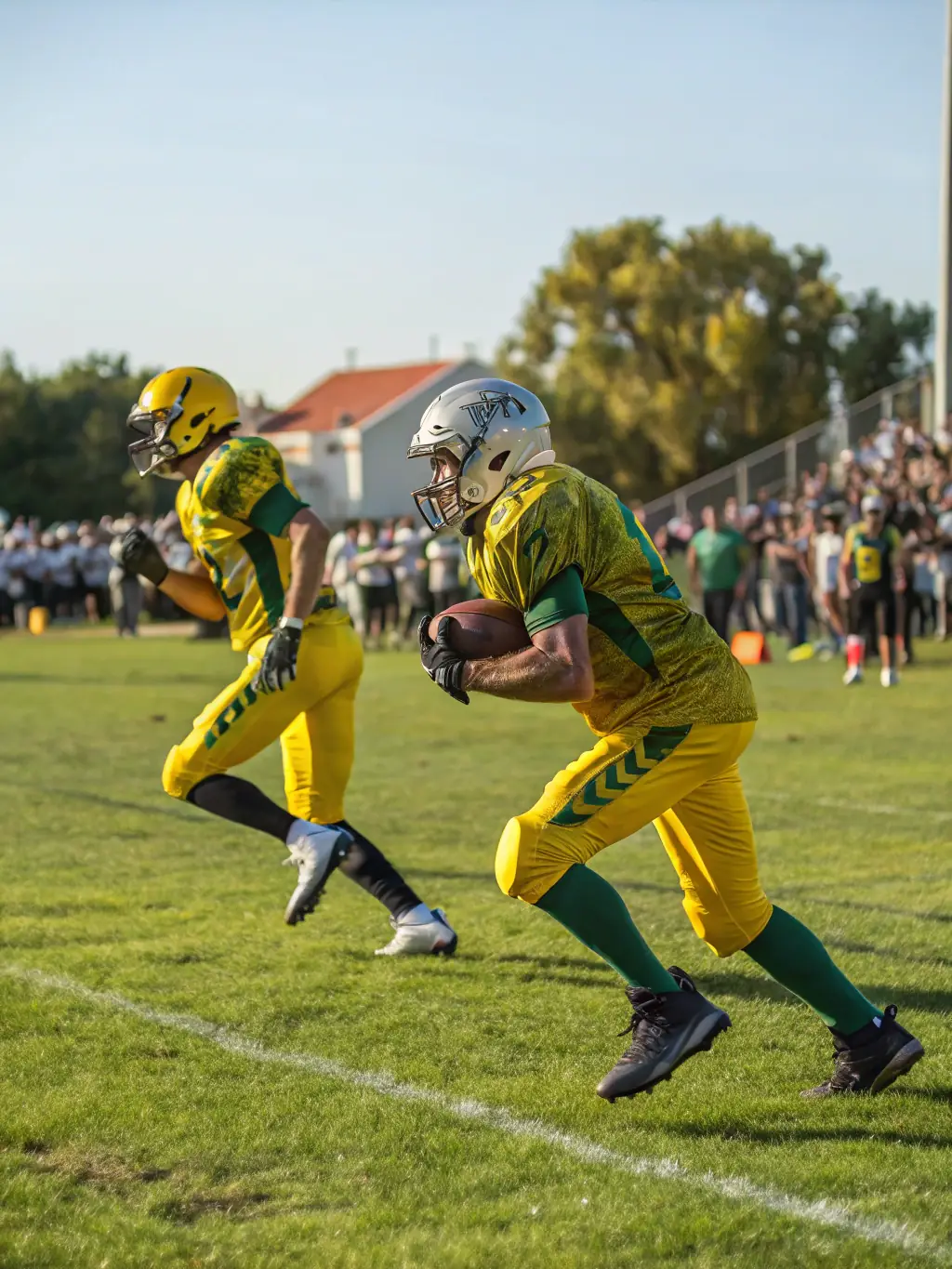 A photograph of adult players engaged in a competitive football match, demonstrating the intensity and camaraderie of the adult league at FOOTBALL CLUB DES BORDS DE L'AIN.
