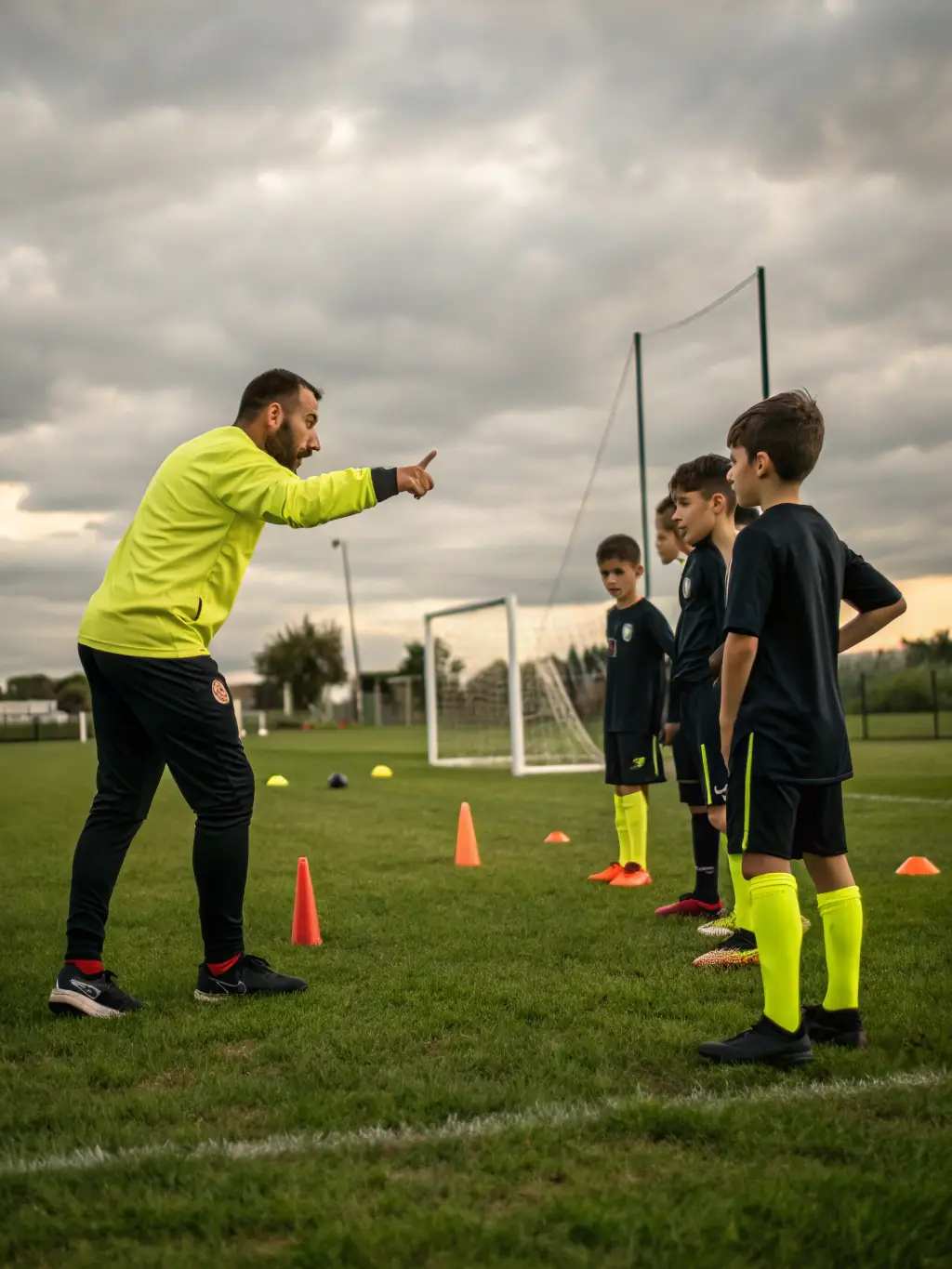 A coach demonstrating a specific football technique to a group of attentive players during a training session in Cerdon, highlighting the club's commitment to skill development.