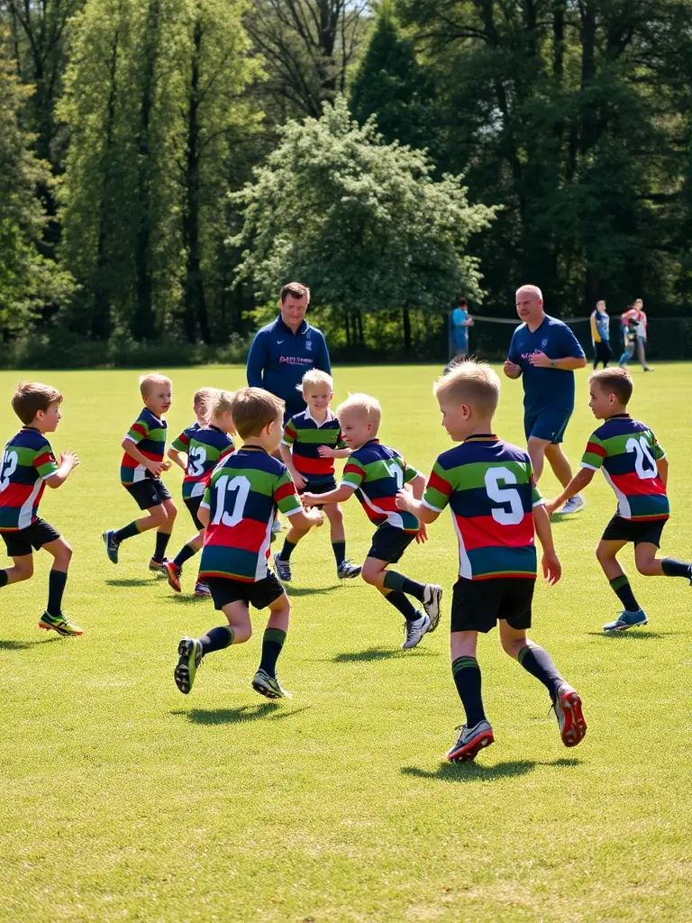 A dynamic action shot of young children participating in a football training session, showcasing their enthusiasm and engagement with the sport at FOOTBALL CLUB DES BORDS DE L'AIN.