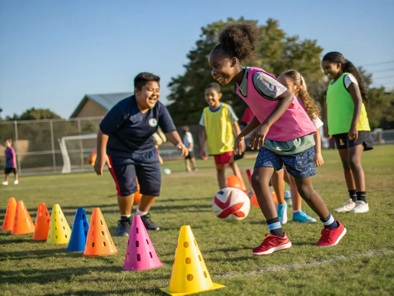 A vibrant image showing young children participating in a football training session, with coaches providing guidance and encouragement on a sunny field. The scene captures the energy and enthusiasm of youth football.