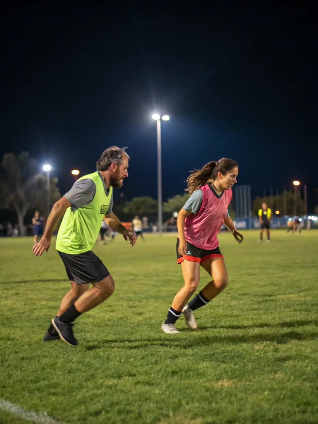 A photo of adult football players engaged in a competitive match at a local field in Pont-d'Ain, showcasing the intensity and camaraderie of the sport.